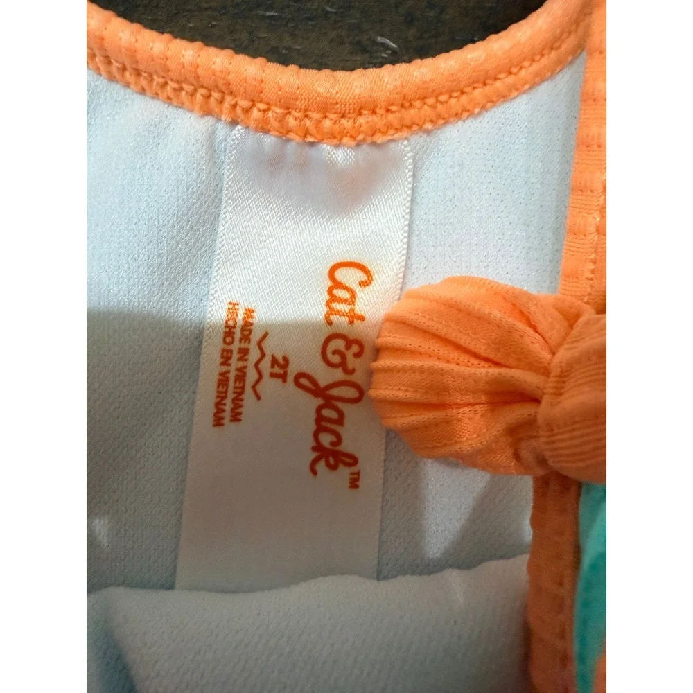 Cat & Jack Girls 2T Aqua Blue Orange Ribbed One Piece Swimsuit w/ Shoulder Bows